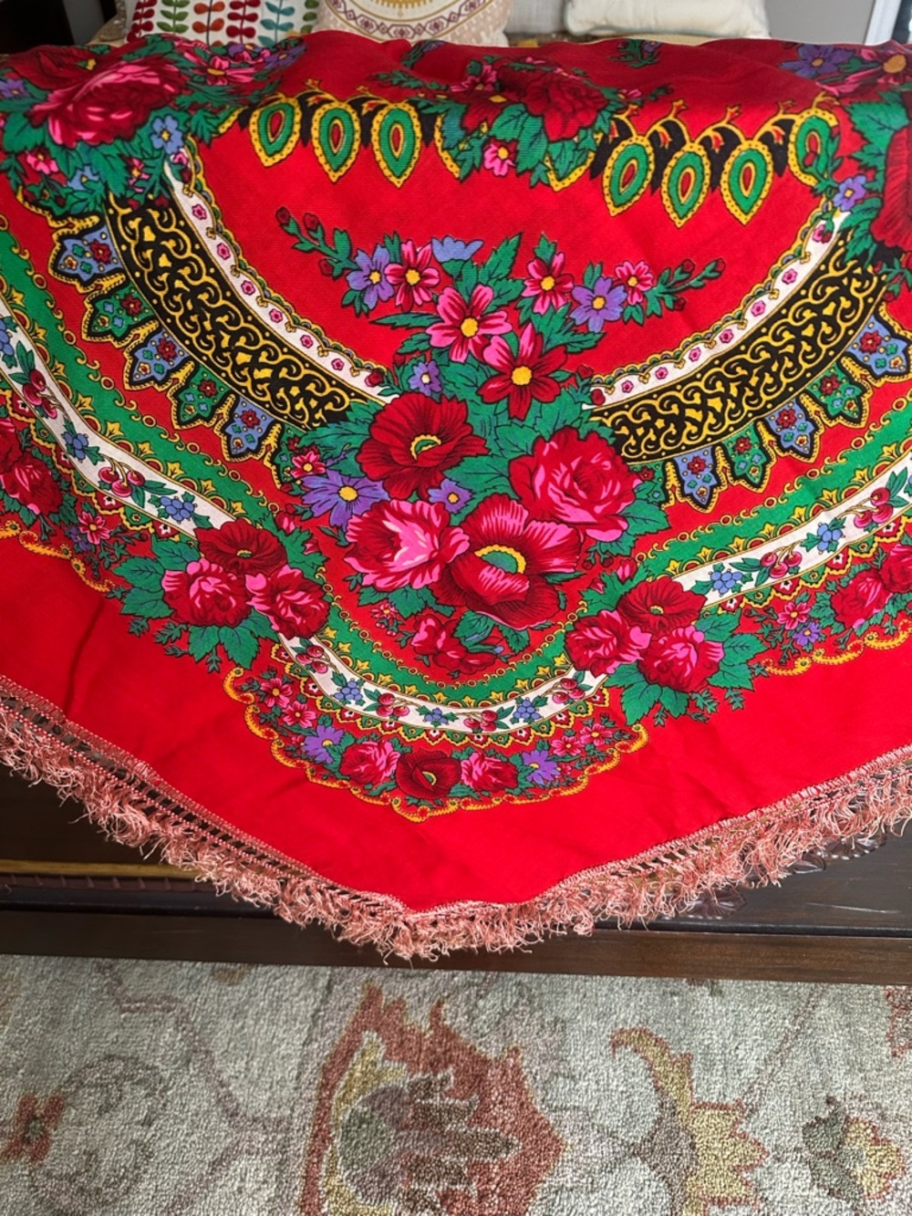 Vintage Slavic Scarf Wool Shawl Floral Roses Red Fringed Folk Babushka